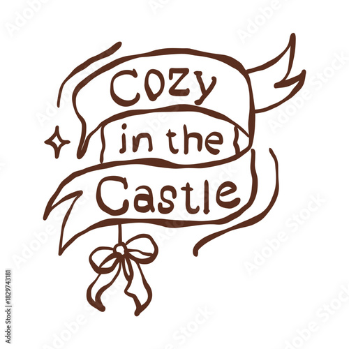 Charming cozy in the castle banner ribbon art with warm storytelling winter fantasy mood and soft hand drawn illustration style
