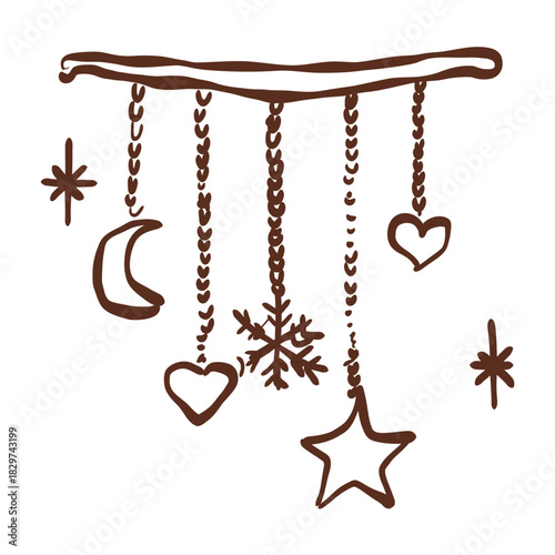 Dreamy Winter Hanging Mobile with Moon Heart Snowflake and Star Cozy Castlecore Christmas Line Art Illustration