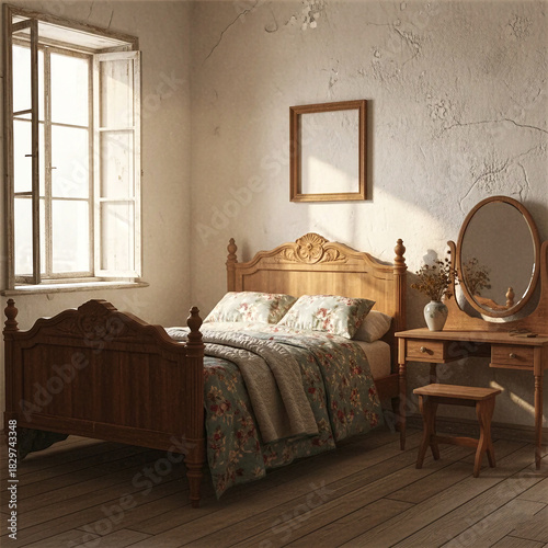 Vintage Antique Bedroom 3D Render | Sunlight and Cracked Walls in Rustic Interior | Classic Wooden Bed and Dresser with Floral Decor