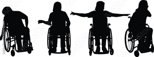 Silhouette of individuals in wheelchairs showing varied movements, empowerment, confidence, disability pride, wheelchair users, expressing strength, resilience, and independence