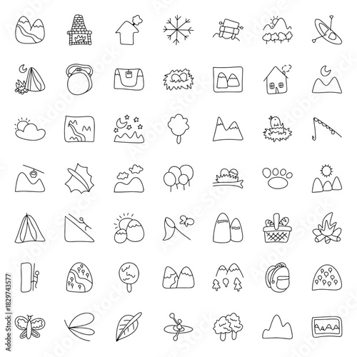 Hand drawn nature and outdoor icon set, doodle mountain, camping, hiking, forest, adventure, wildlife, and travel symbols for outdoor activities, map elements, and nature illustration design