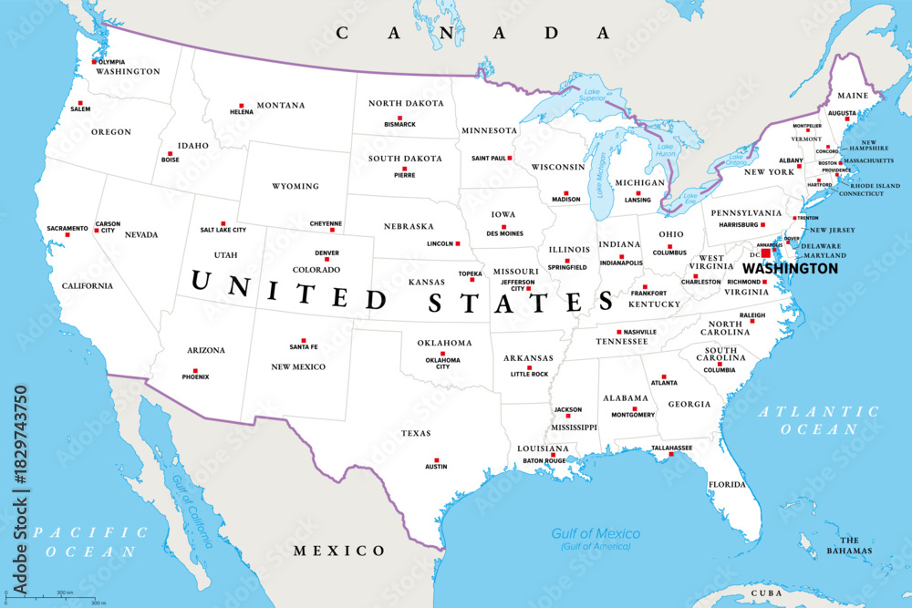 Obraz premium United States mainland, political map with capitals. The contiguous United States, consisting of 48 adjoining U.S. states and the District of Columbia in North America. Illustration. Vector