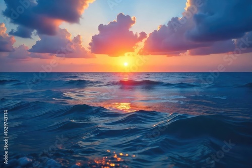 A serene blue ocean scene at twilight, with the sun dipping below the horizon, casting a warm glow on the water  Perfect for travel, relaxation, or peaceful themes , aquatic, light, beach