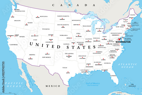 United States mainland, political map with capitals. The contiguous United States, consisting of 48 adjoining U.S. states and the District of Columbia in North America. Illustration. Vector