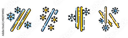 Winter sports ski and snowboard equipment icons with colorful flakes