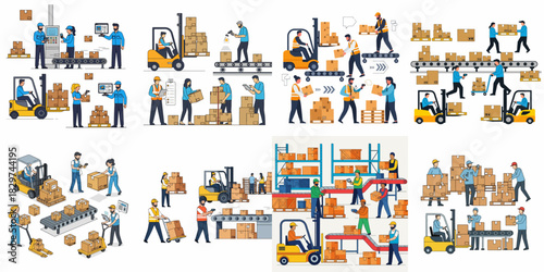 Logistics and Warehouse Operations Illustration Set. Workers managing inventory, using forklifts, scanning packages on conveyor belts for shipping and distribution.