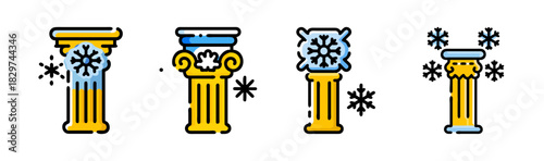 Icy architectural columns with snowflakes, winter freeze concept