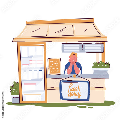Fresh dairy stall with milk bottles, fridge display, vendor and rustic canopy shown in cartoon doodle style, detailed market scene in clean lines, finished as vector illustration.