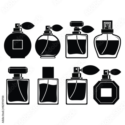Collection of various stylized perfume bottles with spray pumps and atomizers, flat vector illustration icons on white background