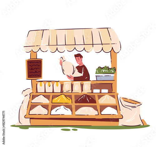 Grain market stall with bags, scoops and containers of flour, rice and cereal grains in cartoon doodle style, bright display and seller character, outline vector illustration.