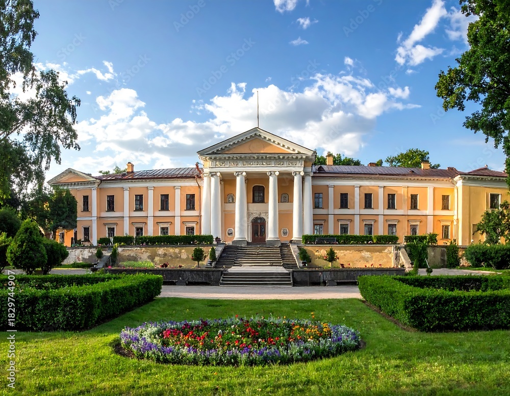 Obraz premium Ornate, multi-story building, with white columns, flowerbeds, and a manicured lawn
