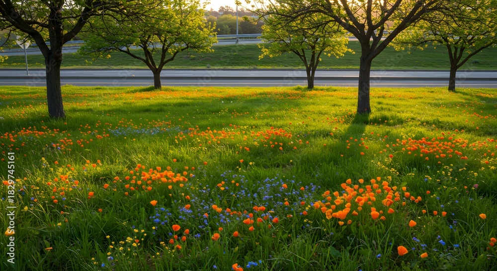 Obraz premium Golden hour illuminates vibrant wildflowers and trees beside a road