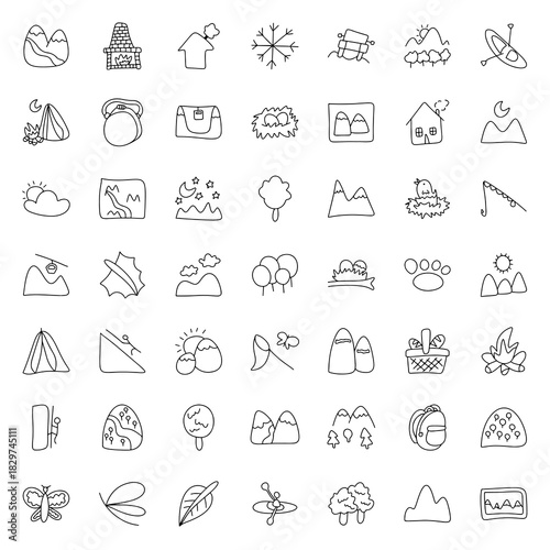 Hand drawn nature and outdoor icon set, doodle mountain, camping, hiking, forest, adventure, wildlife, and travel symbols for outdoor activities, map elements, and nature illustration design