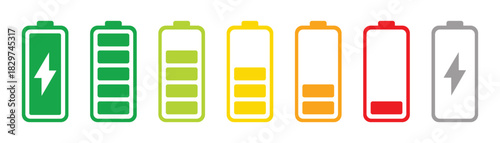 Battery level indicators. Colorful battery charge level icons. Battery power level pictograms in outline style. Battery level indicators. vector illustration eps file. 