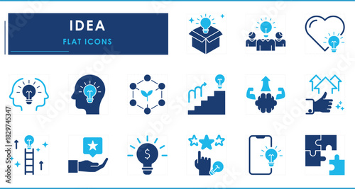 A set of flat icons related to Idea. Business, bulb, love, growth, success, vision, and so on.