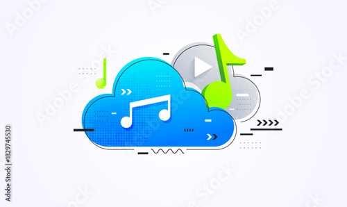 Dynamic Music Cloud vector with blue cloud, play button, and bright green notes. Includes motion blur elements to symbolize fast streaming, high-speed download, and rapid digital audio synchronization