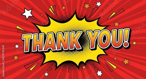 Thank You Comic Speech Bubble on Red Background.