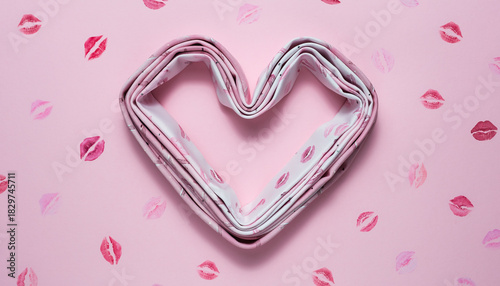 Heart shaped arrangement of kiss print ties on pastel pink background, romantic and playful flat lay for love or Valentine Day concept