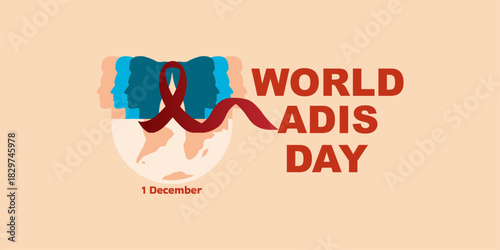World AIDS Day 1 December Background Vector Illustration. Red Ribbon Sign. Awareness of the dangers of AIDS.  Prevention, care, treatment. World AIDS Day concept.
