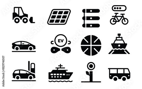 Icons of Electric Transport, Renewable Energy, and Green Mobility Solutions