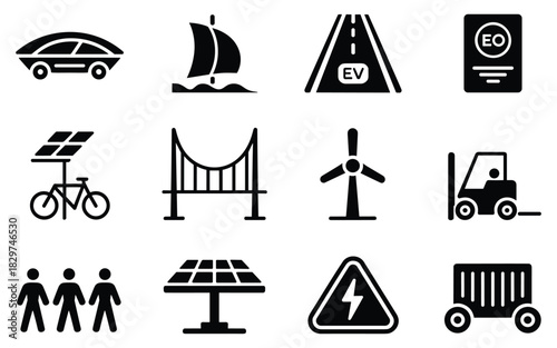 Icons of Sustainable Transport, Renewable Energy, and Eco-Friendly Infrastructure