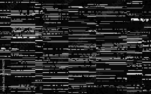 Glitch lines texture. Layered abstract elements on dark background. Distorted dynamic lines. Abstract futuristic effect. Digital video error. Data playback problem with noise. Vector illustration.