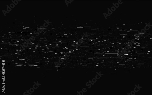 Glitch background. Old VHS corrupted video. Retro video signal error. Tape playback problem effect. White noise on dark texture. Random geometric shapes and lines. Vector illustration.