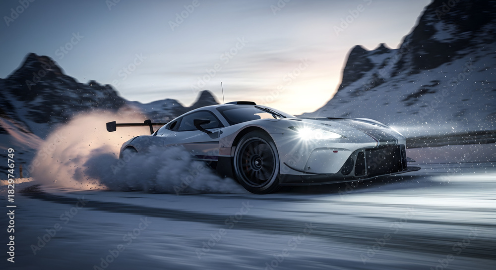 Naklejka premium Race Car on Snowy Road: A sleek, powerful race car navigates a snowy mountain road, its tires kicking up a cloud of snow as it maneuvers with precision and speed.