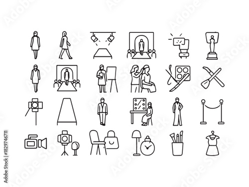 Fashion Show, Modeling, and Beauty Industry Line Icons Set - Ramp Walk, Design, Photography, and Style Vector