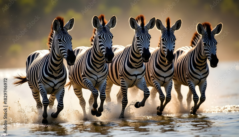 Fototapeta premium Zebras running through water at sunset, wildlife in Africa