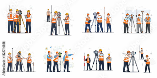 Land surveying team vignettes collection: engineers in safety vests and hard hats operating total stations and measuring tools for construction site analysis and mapping.