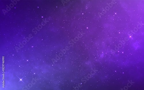 Nebula background. Glowing starry cosmos. Purple space texture. Magic stardust galaxy. Outer space wallpaper. Realistic cosmic clouds with bright stars. Infinity color universe. Vector illustration.