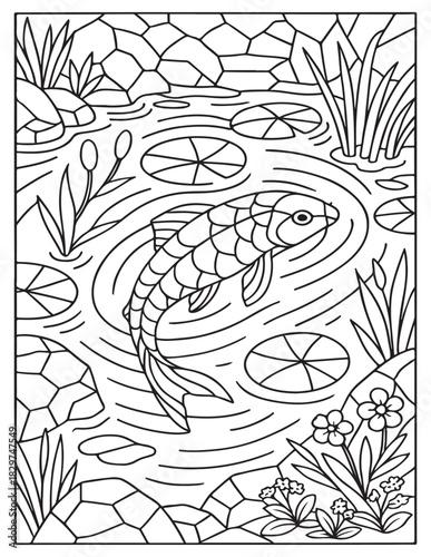 Coloring book page: fish in pond with lilies, rocks, and aquatic plants | stained glass style