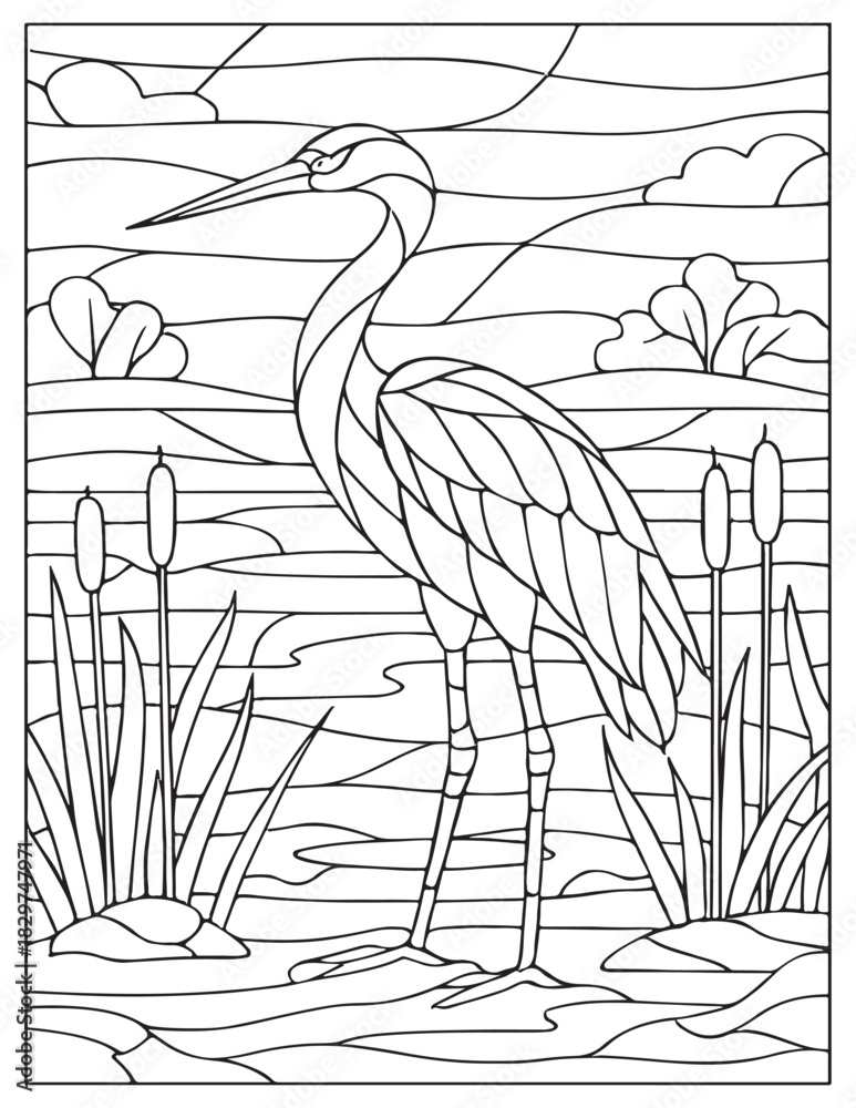 Naklejka premium Great heron bird in swamp outline artwork, nature coloring page design | stained glass style