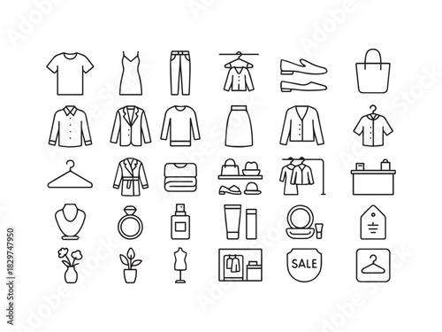 Apparel, Casual, and Fashion Accessories Line Icons Set - Shirt, Dress, Shoes, Jewelry, and Shopping Vector