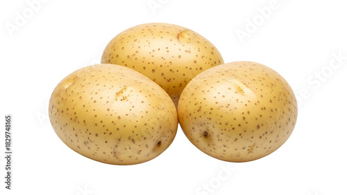 Fresh potatoes, three russet potatoes on white