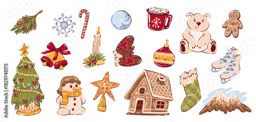 Cozy Christmas doodle set with decorated tree, candle, cocoa cup, mittens, skates, and gingerbread cookie. Warm winter holiday mood for greeting cards, prints, and vector illustration design.