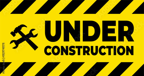 Under Construction Sign with Tools and Warning Stripes.