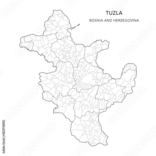 Vector Map of Tuzla Canton (Tuzlanski Kanton, Tuzlanska Županija) with Settlements (Naselja), Cities and Municipalities - FBiH, Bosnia and Herzegovina - 2025