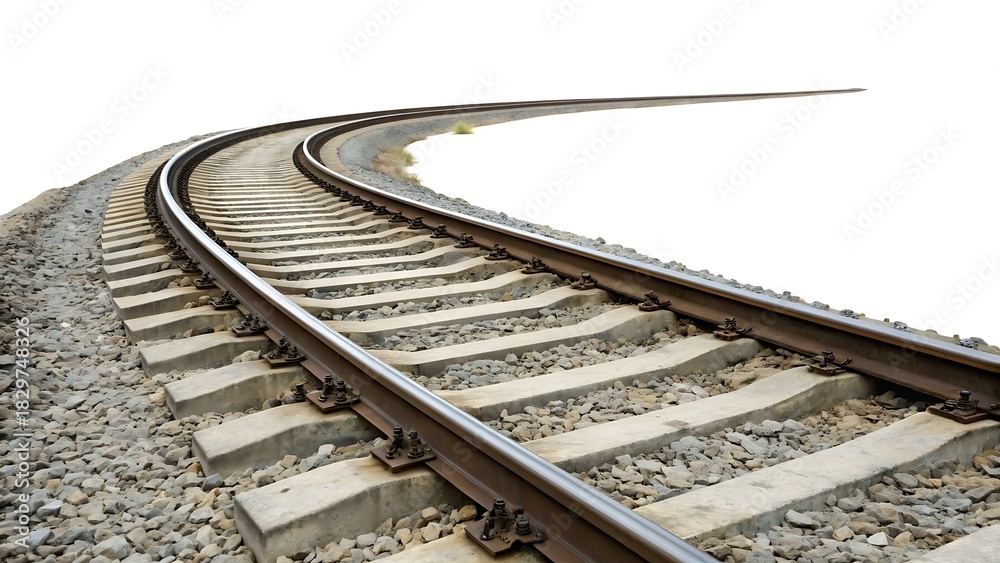 Naklejka premium Curved and diverging railroad tracks cut out isolated on white background with shadow. AI generated.