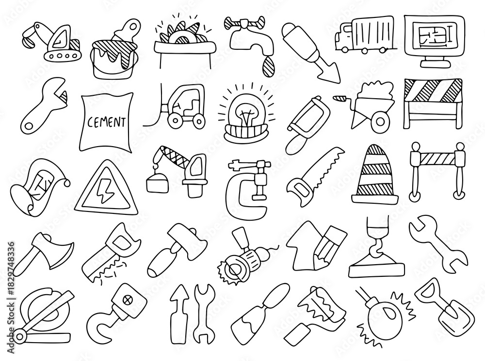 Fototapeta premium Hand drawn construction and tools icon set, doodle building equipment, engineering tools, repair symbols, industrial machinery, safety signs, handyman and workshop illustration pack