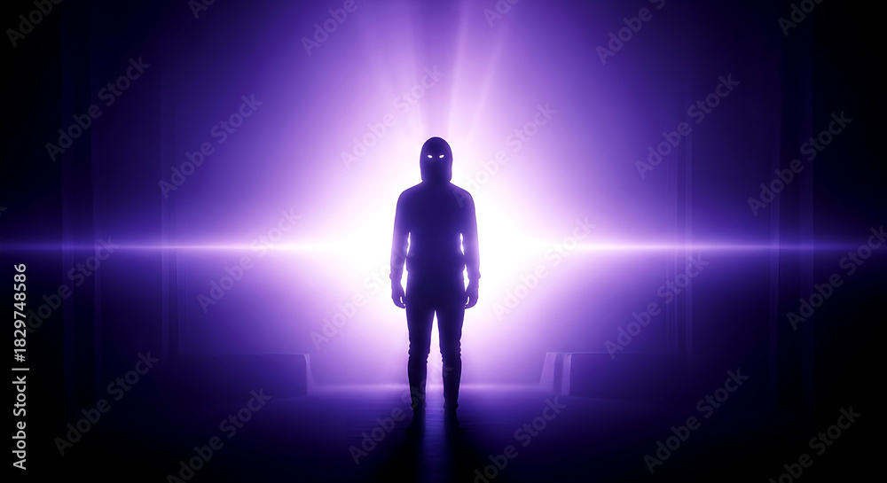 Fototapeta premium Silhouette On Stage With Bright Purple Backlight Creating A Mysterious Entrance