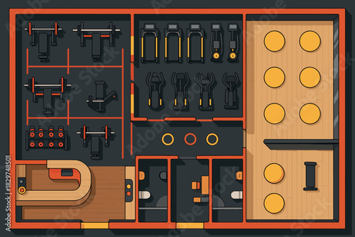 Modern fitness center blueprint with weight training, cardio machines, and studio space promotes an active lifestyle, health, and wellness designs