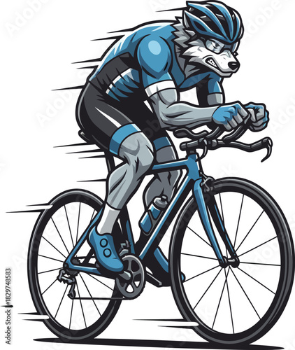 Wolf cyclist wearing a helmet and tight racing suit, leaning forward aggressively on a racing bike. Fast-motion feeling, strong character design, vector sports illustration