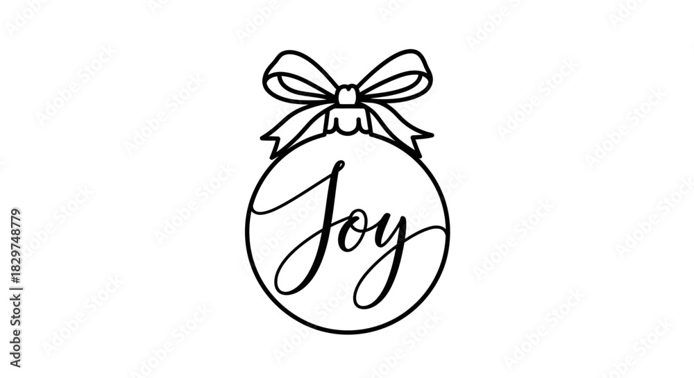 Obraz premium A black and white line drawing of a Christmas ornament with the word 'Joy' written in cursive script and a bow on top.