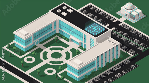 Modern hospital complex with helipad and ample parking, perfect for healthcare marketing, architectural visualizations, or urban planning presentations