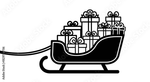 A black silhouette of a sleigh overflowing with numerous wrapped gift boxes, adorned with bows and ribbons, ready for holiday delivery.