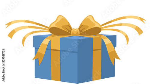 A beautifully wrapped blue gift box with an elegant golden ribbon and a large bow, isolated on a white background.