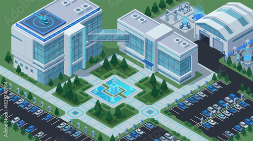 Futuristic corporate campus with electric car charging stations and helipad delivers innovative vibes, ideal for tech, energy, and sustainability projects