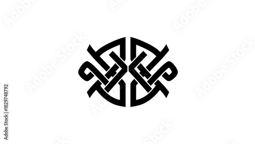 A black intricate knot symbol with curved ends on a white background.